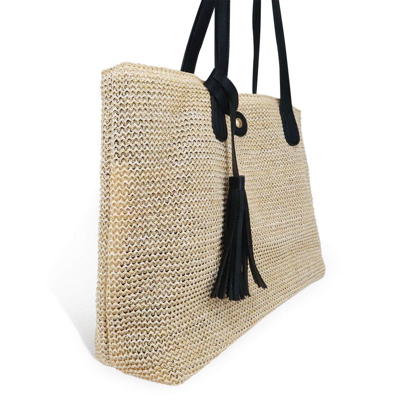 QTKJ Women Straw Summer Beach Bag Handwoven Big Tote Leather Shoulder Handbag with Tassel Decorate (Beige) - Image 3